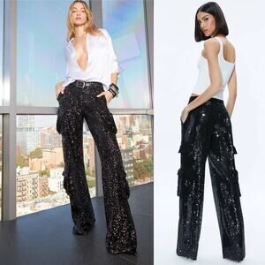 Alice + Olivia NWT Hayes Sequin Cargo Pants Black Size 2 High Rise Patch Pocket